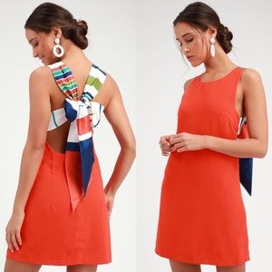 Lulu's Coral-Orange Mini Dress with Striped Back Bow